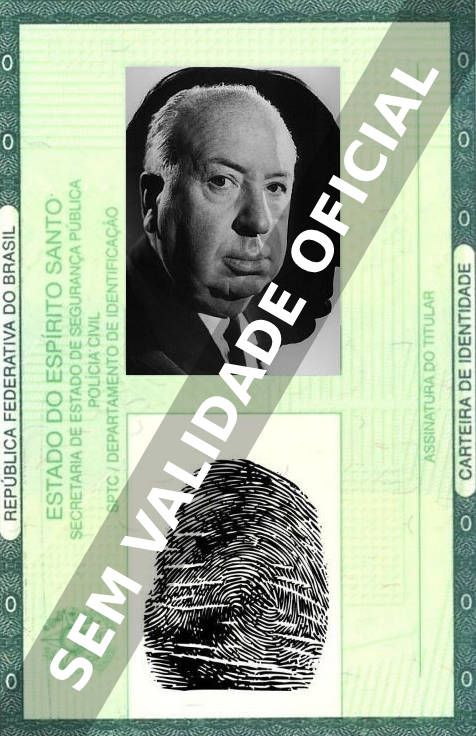 Imagem hipotética representando a carteira de identidade de Alfred Hitchcock