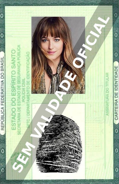 Imagem hipotética representando a carteira de identidade de Dakota Johnson
