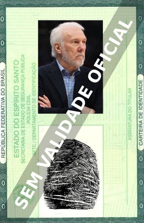 Imagem hipotética representando a carteira de identidade de Gregg Popovich