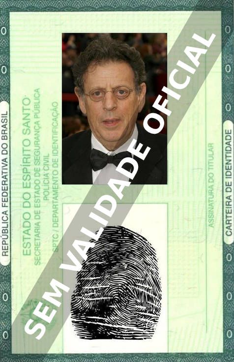 Imagem hipotética representando a carteira de identidade de Philip Glass