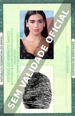 Imagem hipotética representando a carteira de identidade de Dua Lipa