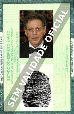 Imagem hipotética representando a carteira de identidade de Philip Glass